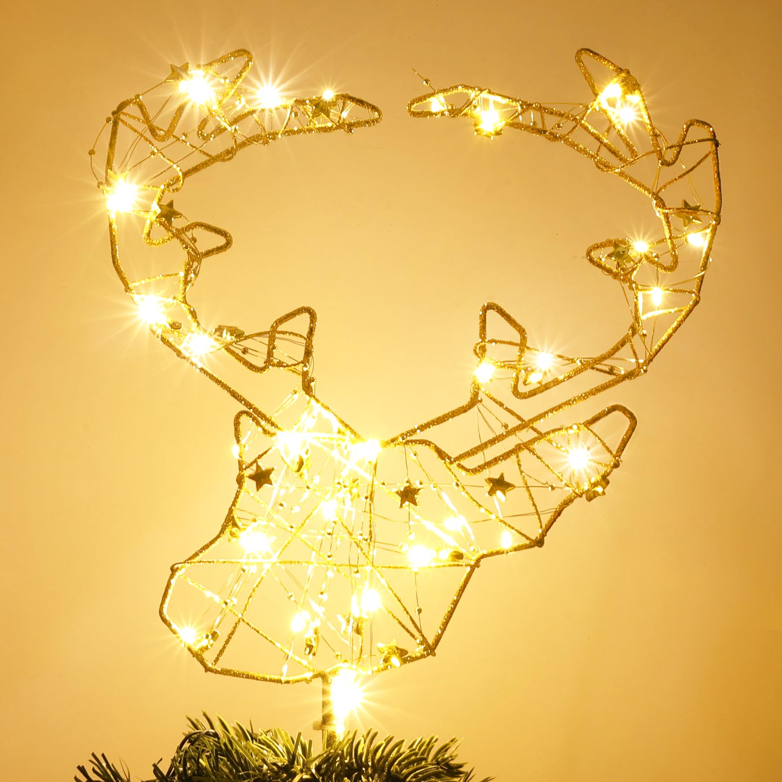 Photo 1 of PHITRIC Christmas Tree Topper, 10 Inches Lighted Gold Reindeer Tree Topper, 30 LED Lights Gold Glitter Powder Deer Star Tree Toppers Christmas Decorations, Battery Powered Timer Xmas Treetop Decor
