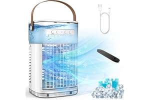 FLOWBREEZE Portable Air Conditioners, 3-1 Mini Evaporative Air Cooler w/Remote, 1.2L Water Tank & 2 Ice Boxes, 7H Timer, USB Charging, 3 Speeds & 7 Color Lights, Personal Desktop Fan For Home Office Outdoors