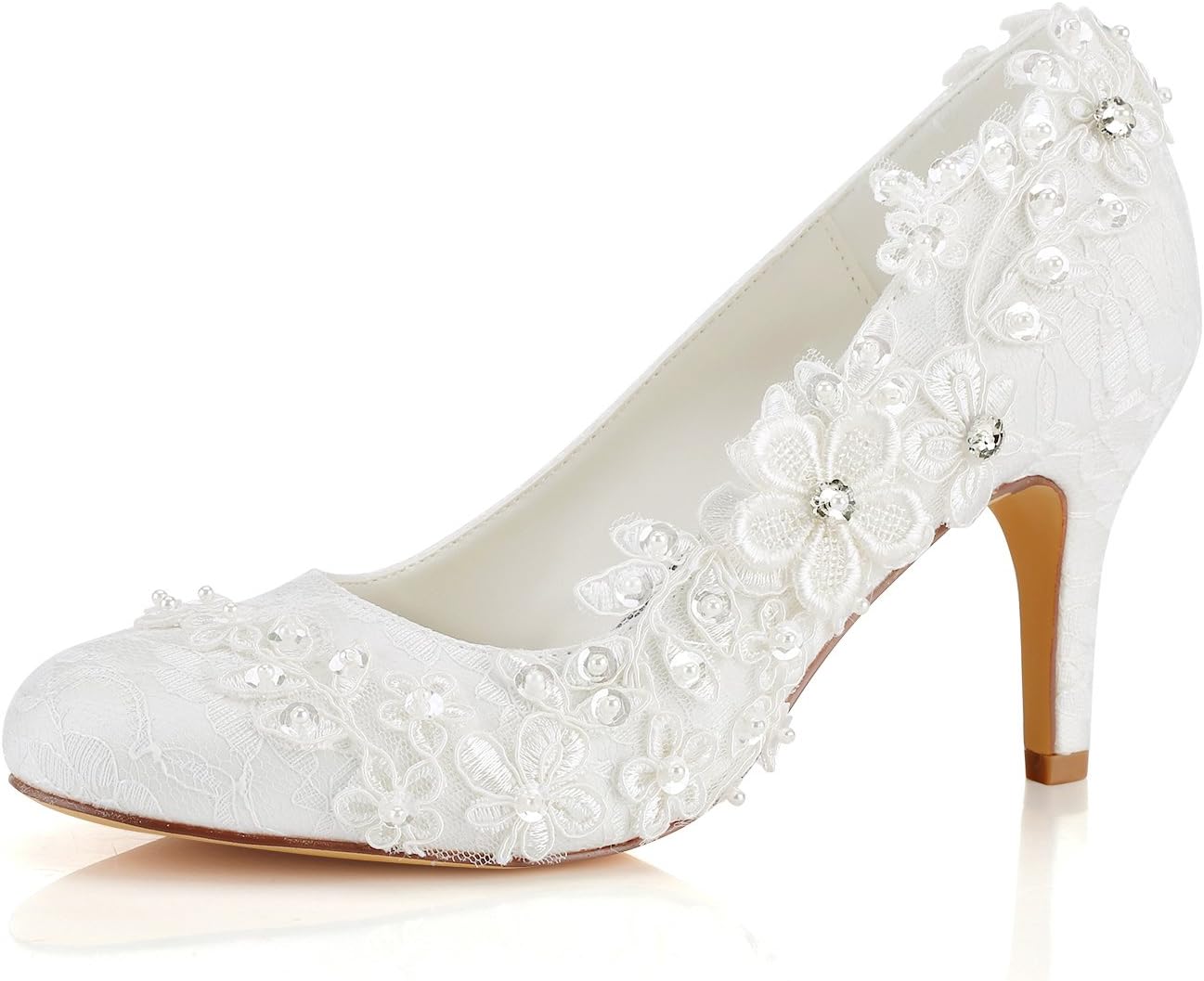 Emily BridalWedding Shoes Women's Silk Like Satin Stiletto Heel Pumps with Stitching Lace Flower Crystal Pearl
