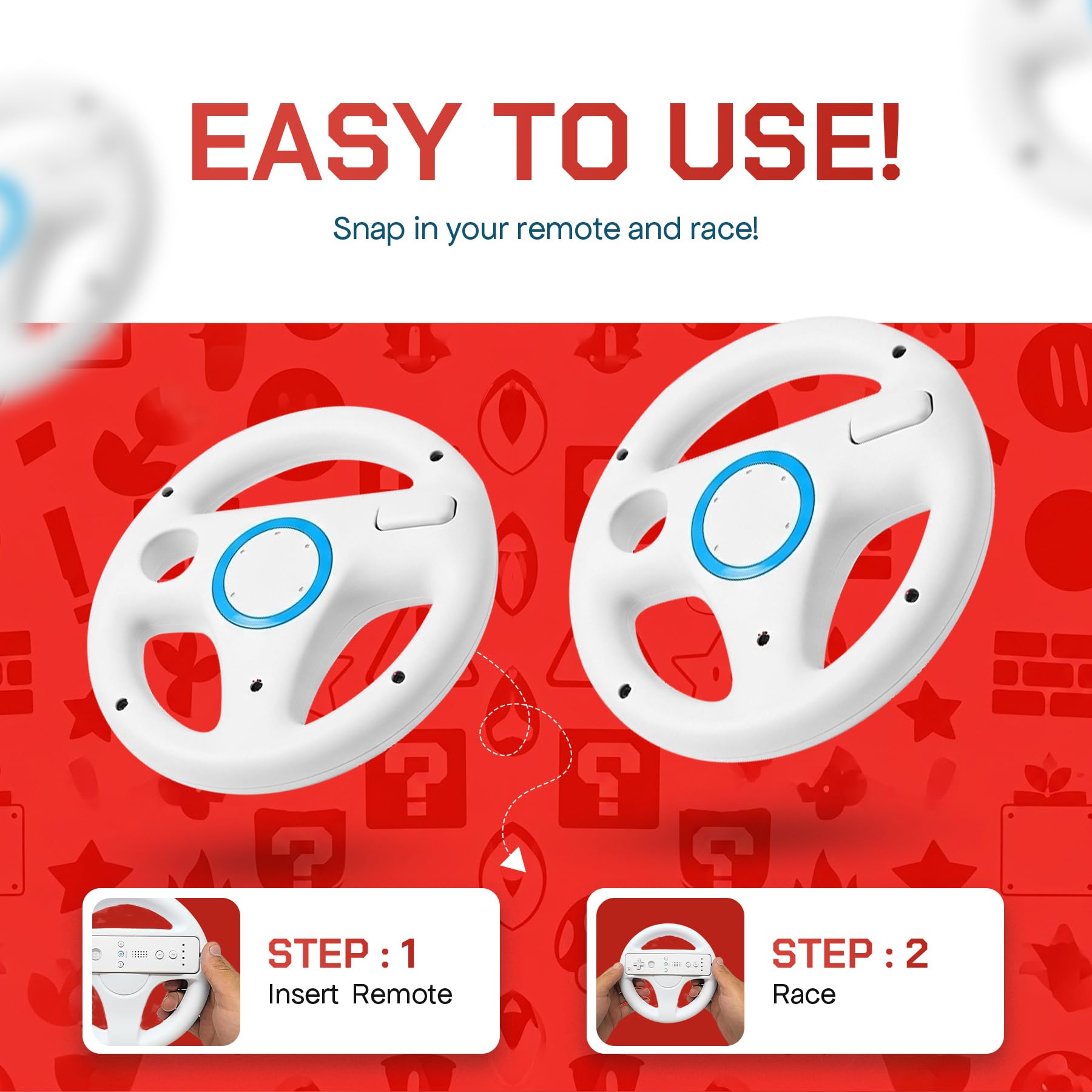 Old Skool Mario Kart Racing Wheel Compatible with Nintendo Wii and Wii U 2 Pack - White