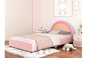 IKIFLY Twin Size Kids Bed Frame, Children Upholstered Twin Platform Bed Frame with Curved Headboard, Pink Princess Twin Bed Frames for Boys & Girls, Teens, No Box Spring Needed - Rainbow Design