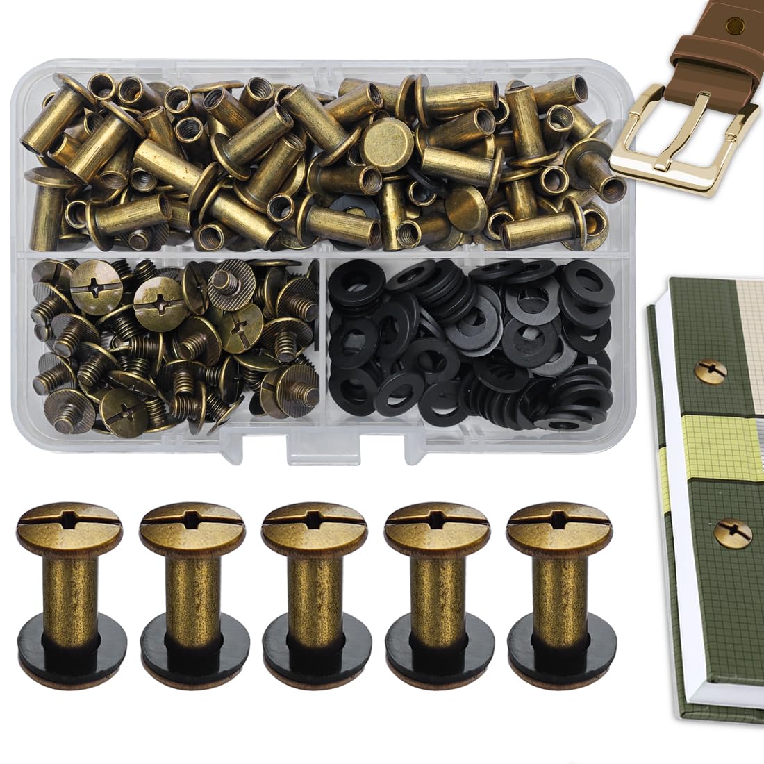 SHSMPXOY 70 Set Chicago Screws Posts for Leather Rivets M5*12mm Chicago Book Binding Screws Rivets Cross Head Chicago Button Screws for DIY Book Scrapbook Bookbinding, Bags,Collars(Bronze)
