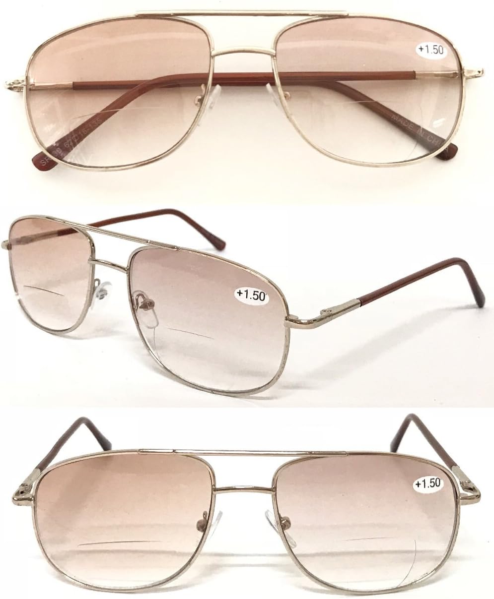 SR130 Double Bridge Pilot Bifocal Tinted Reading Sunglasses Spring Hinges