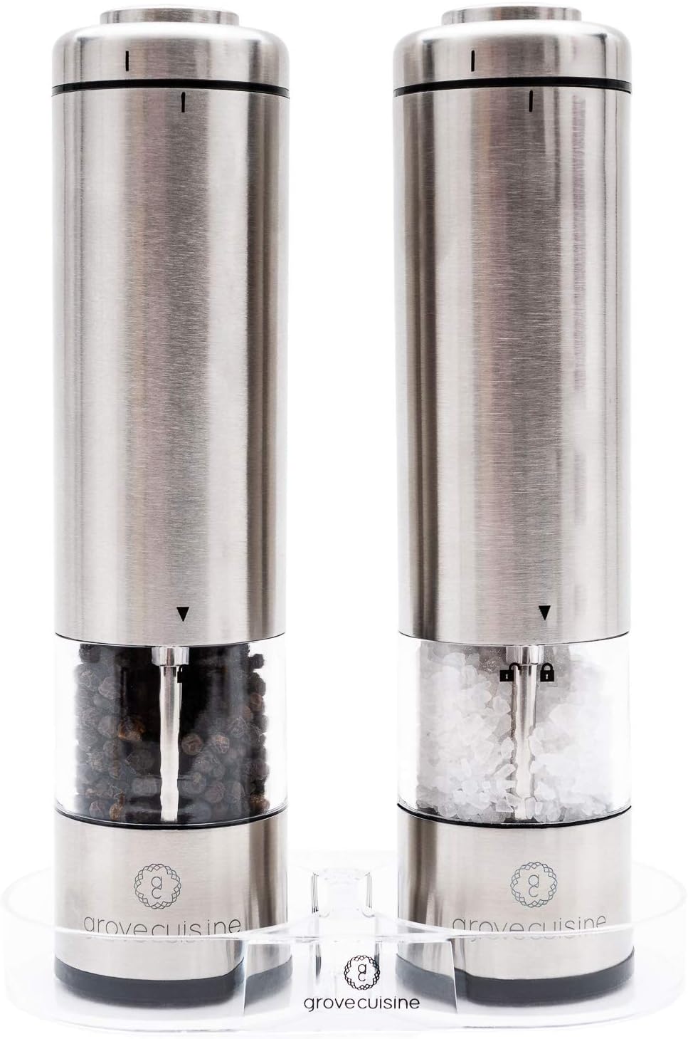 Electric Salt and Pepper Grinder Set by Grove Cuisine - Battery Operated Shakers with LED Lights and Ceramic Grinders - Stainless Steel Mills with Acrylic Stand - Gourmet Cooking for Perfect Seasoning