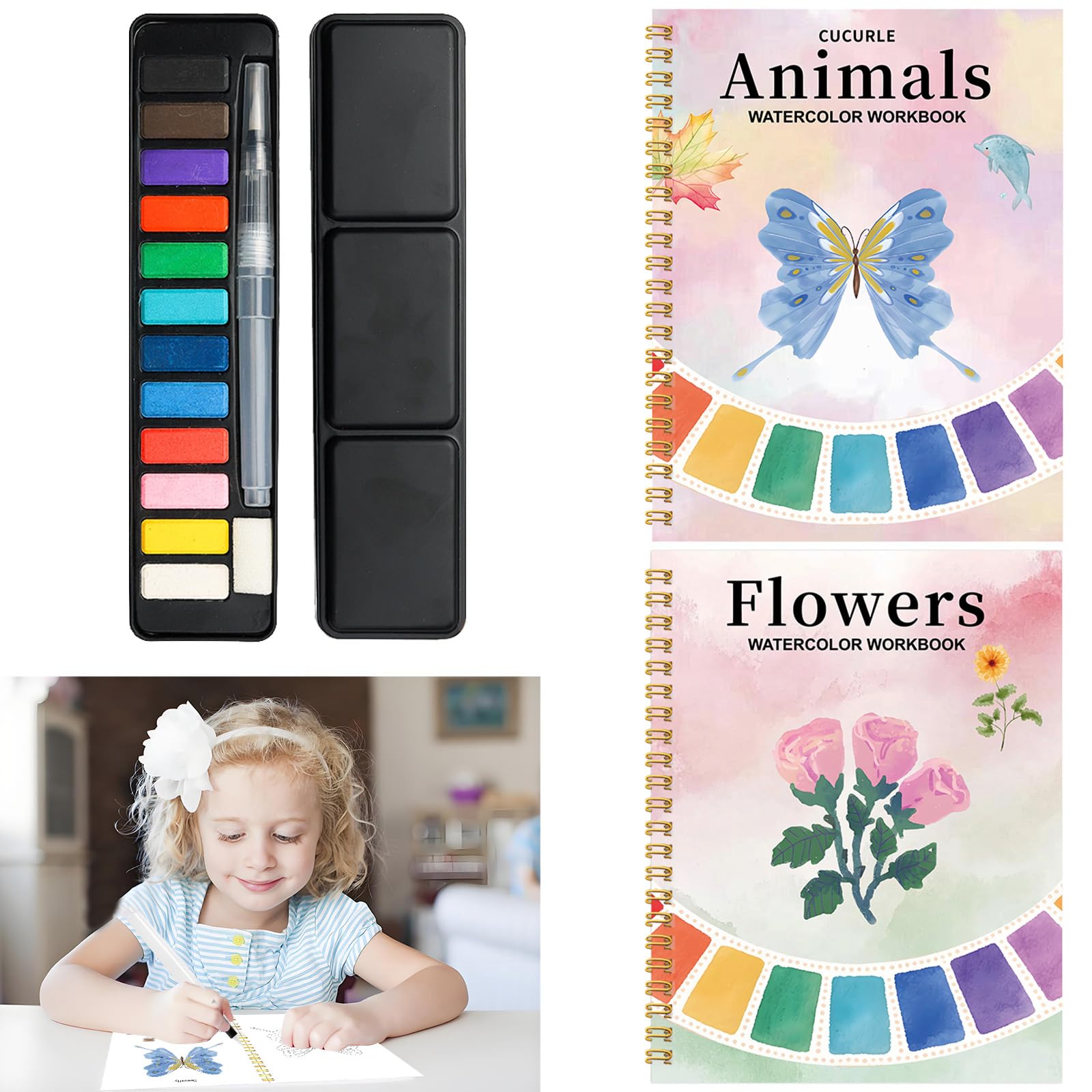 2 Pcs Watercolor Workbooks, COGVOHY Watercolour Workbook with 12 Colours Watercolor Paint & Paint Brush, Watercolour Workbook Art & Crafts Painting Supplies Gifts for Adults Kids (Flowers&Animals)