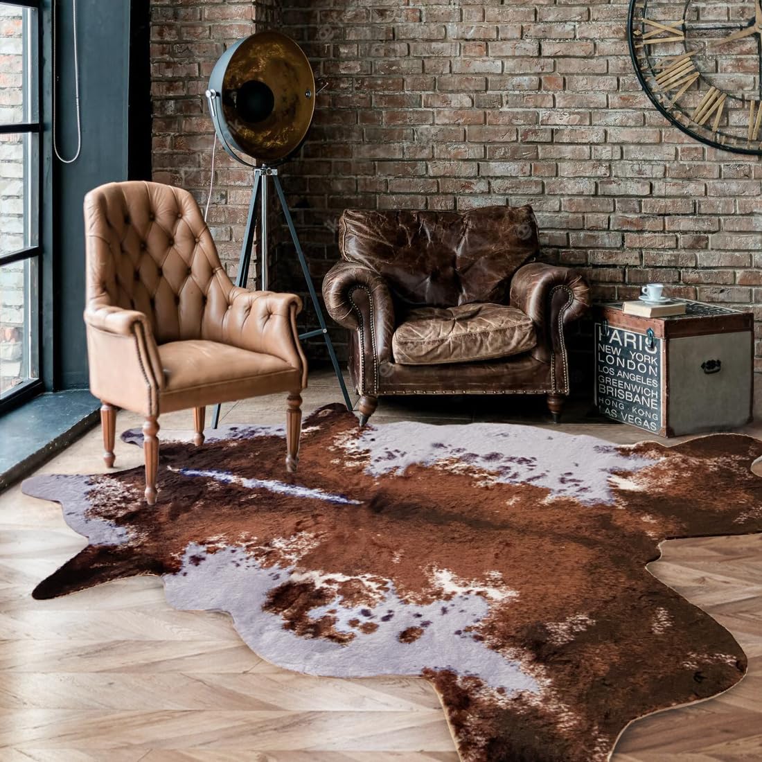 Photo 1 of ARJINCUTE Faux Fur Cowhide Rug 5 x 6.6 ft, Cow Print Area Rug Cute Animal Printed Carpets for Bedroom Living Room Rustic Western Home Decor, No Shedding and Easy to Clean