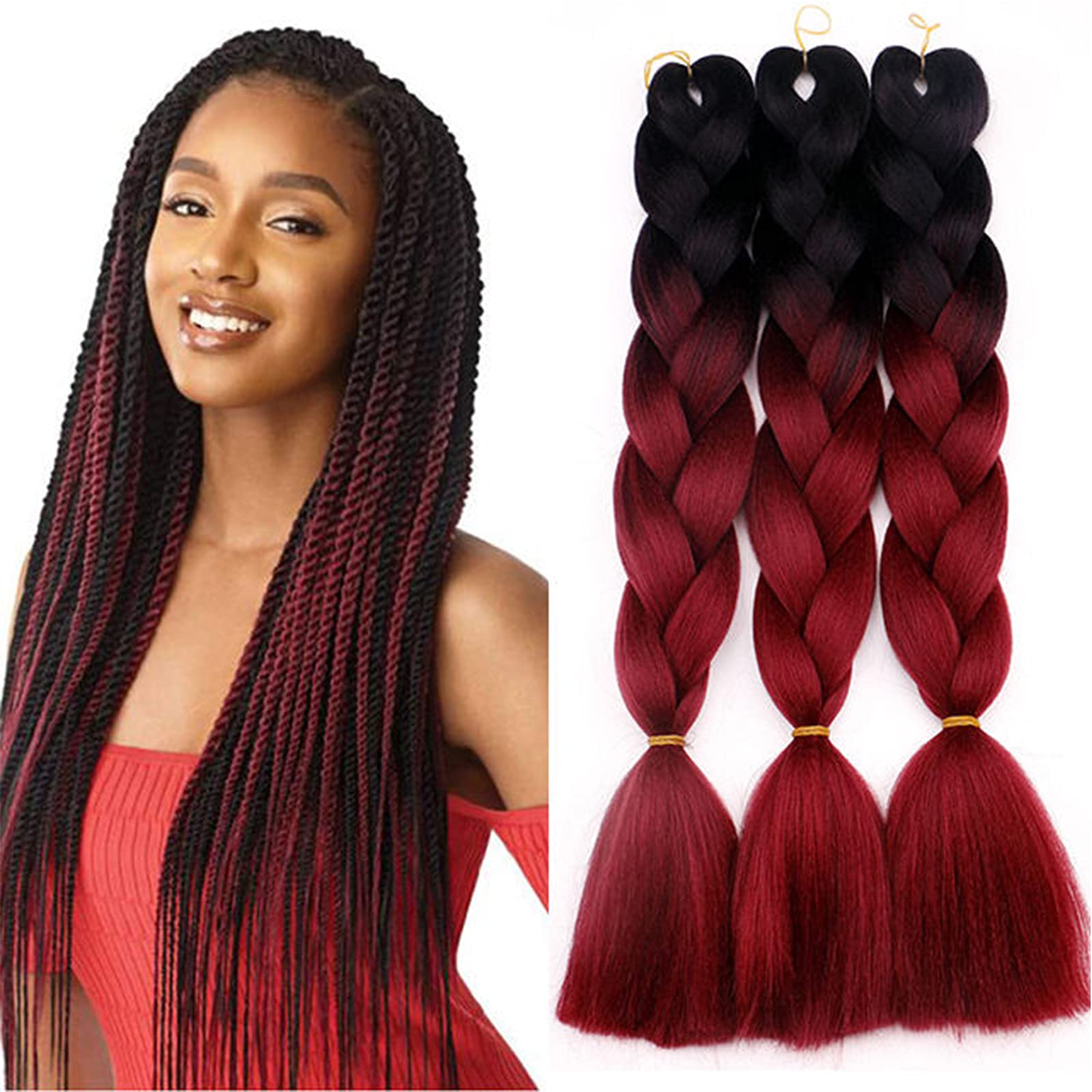 WoWCFyyds Ombre Braiding Hair Extensions 3 Packs Kanekalon Hair Jumbo Braids Extensions hair 24 inch Synthetic Hair Extensions for Braiding（Black-Wine red）
