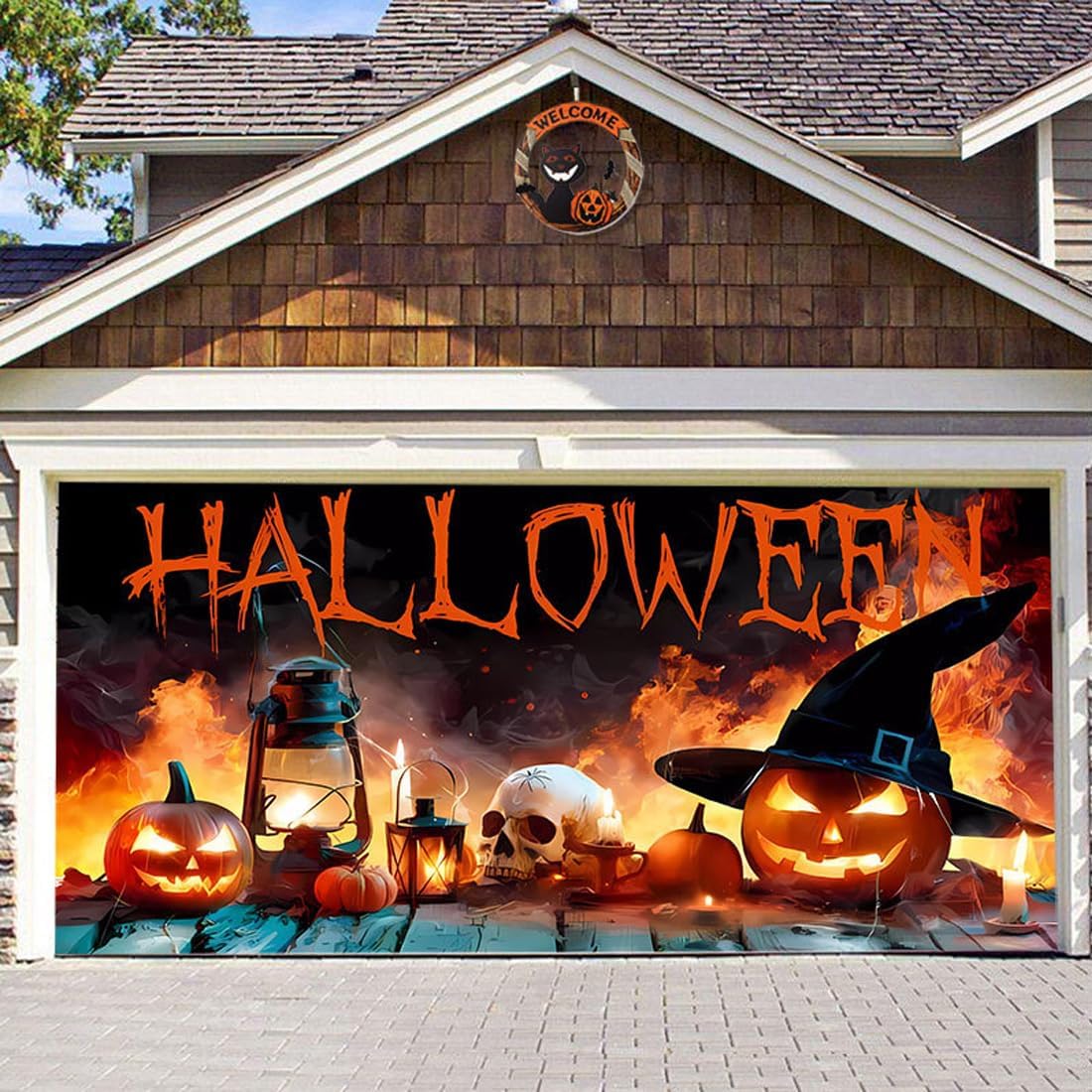 Garage Door Decorations - 16 x 7 ft Halloween Garage Door Banner Cover Halloween Banner Happy Halloween Backdrop Garage Door Decorations for Home Porch Yard Holiday Party (Pumpkin)