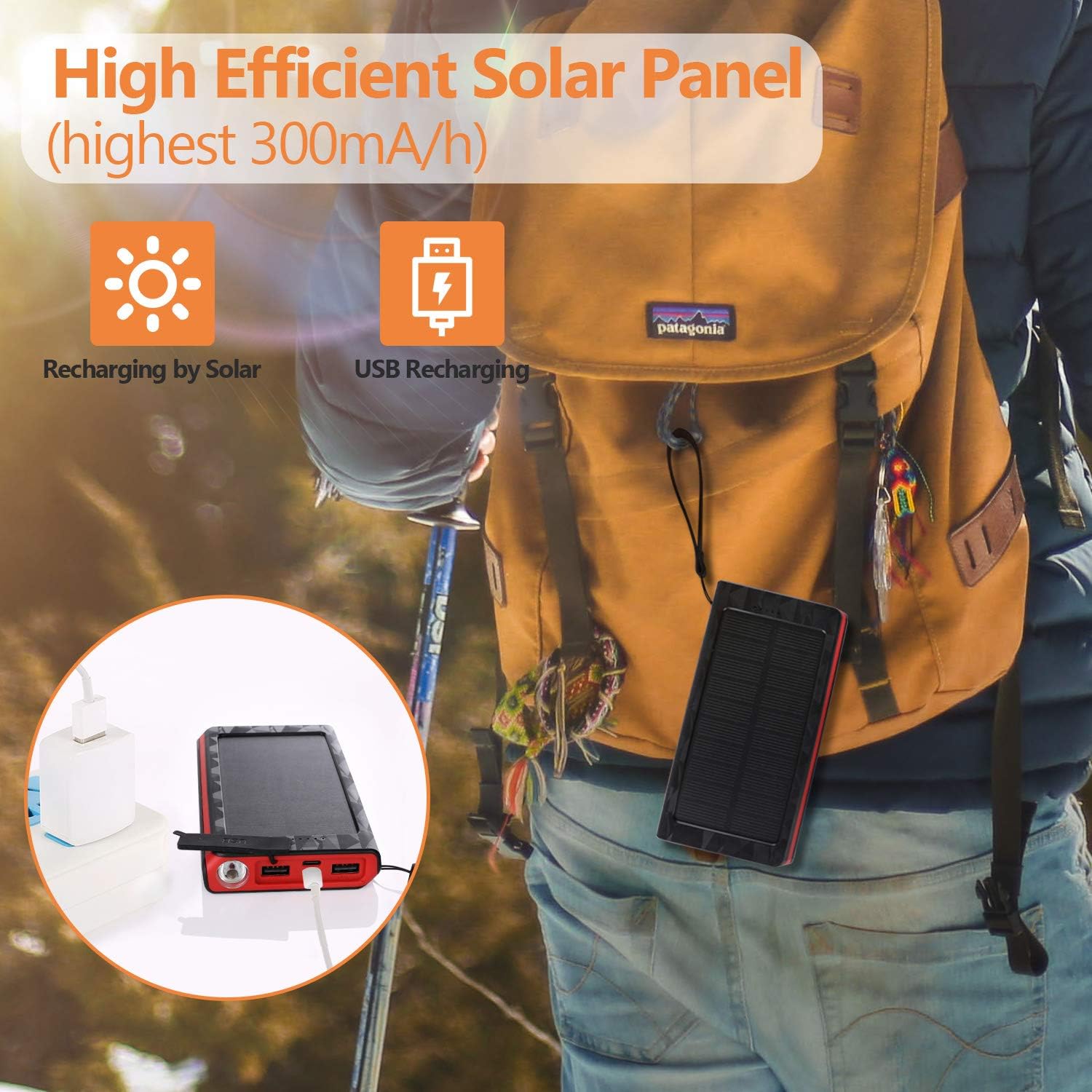 Solar Charger 20000mAh, Portable Phone Charger External Battery Pack, Compatible with iPhone Samsung Tablets & More, Type-C and Micro USB Inputs, 3 Outputs, Flashlight, Lanyard, IP54 Rainproof: Electronics