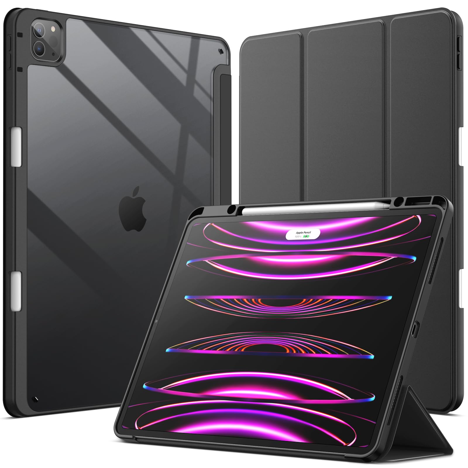 Photo 1 of JETech Case for iPad Pro 12.9-Inch (2022/2021/2020/2018) with Pencil Holder, Clear Transparent Back Shell Slim Stand Shockproof Tablet Cover, Auto Wake/Sleep (Black)