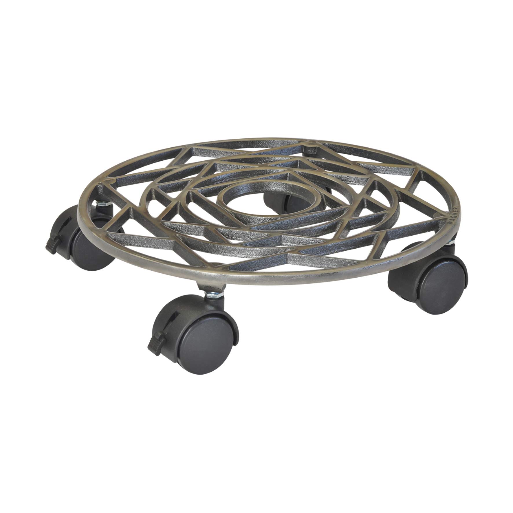 WAGNER Plant trolley ANTIK Ø 29 x 6,5 cm I Flower trolley for indoor + outdoor use I Container trolley made of cast iron, pale nickel, with 2 breaks I Load capacity 50 kg - 20092201