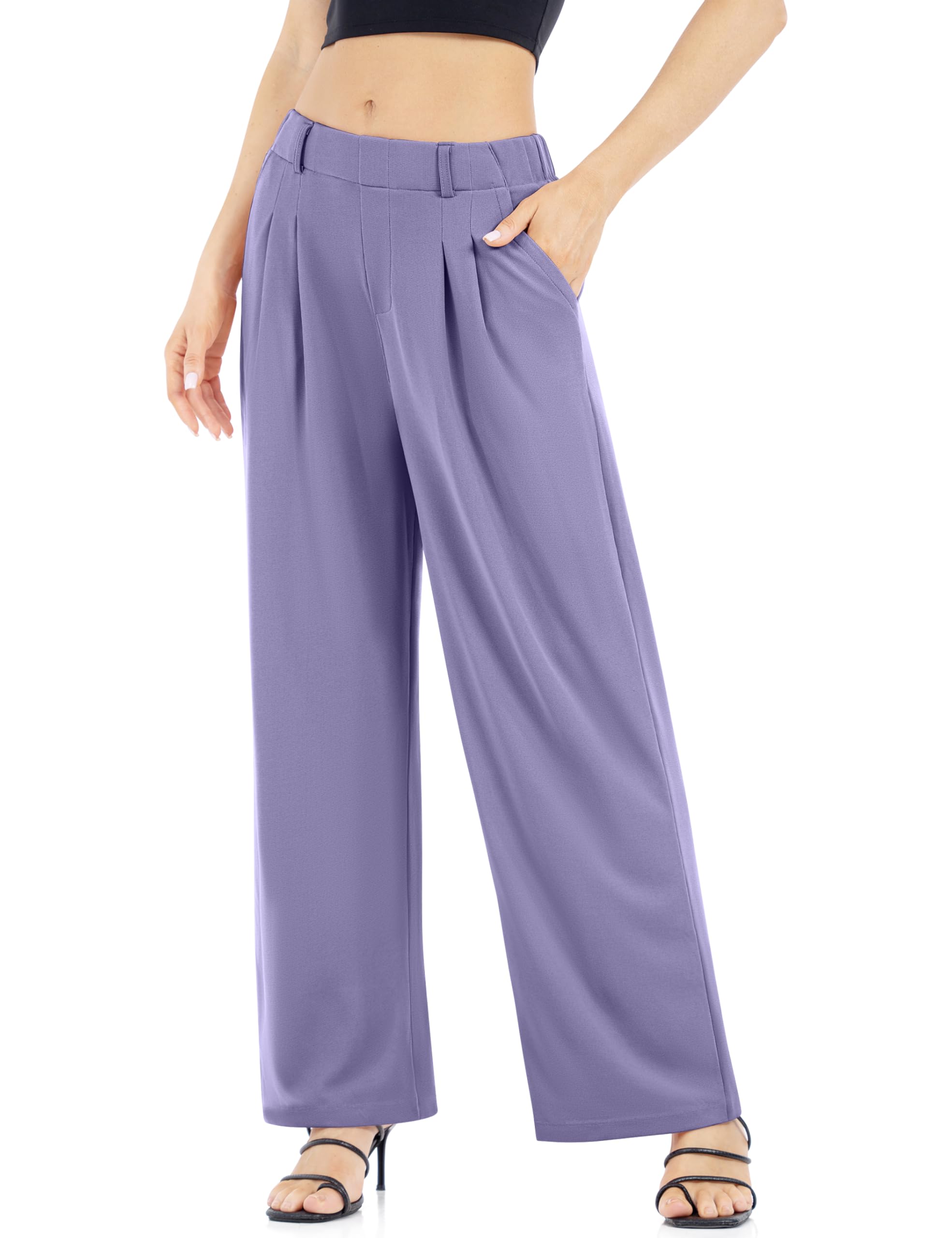 Photo 1 of ***SIMILAR PRODUCT//DIFFERENT MATERIAL *** Womens Waffle Wide Leg High Waisted Palazzo Pants Casual Work Beach Lounge Trousers with Pockets Loose Flowy Baggy Fit Purple Size S