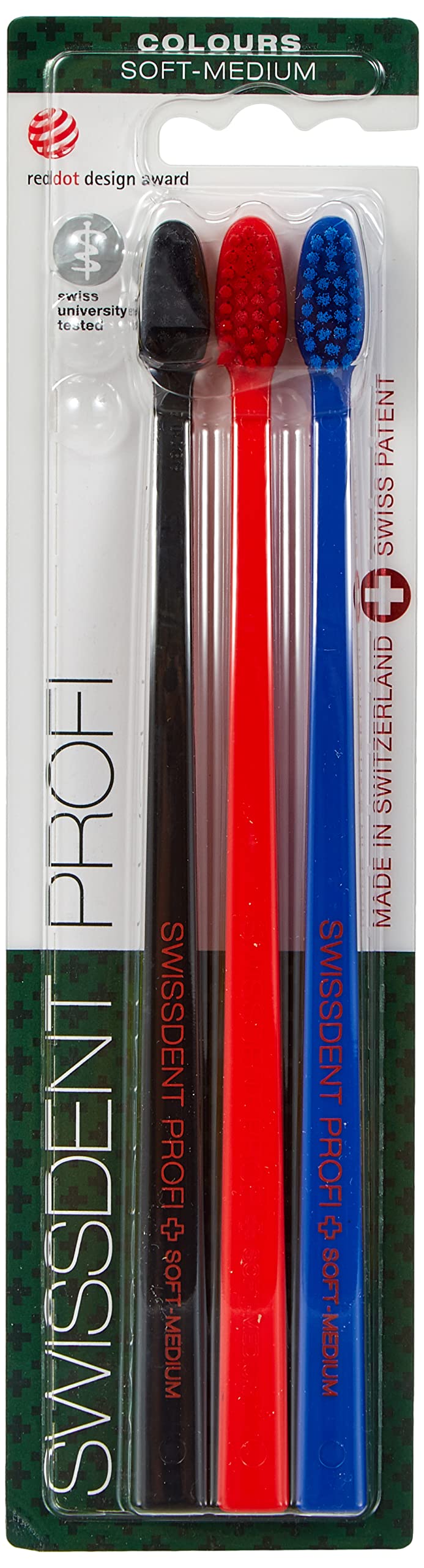 SWISSDENT Professional Colours Toothbrush, Especially Helps with Thorough Cleaning of Teeth, with Medium Soft bristles in Patented Spoon Shape, for Cleaning Difficult Areas, Pack of 3