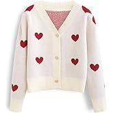 CHICWISH Women's Red/Ivory Soft Heart Cropped Knit Cardigan