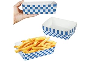 BACSBOO 50 Packs Blue Checkered Paper Food Trays Oktoberfest Party Supplies Blue and White Checker Nacho Trays Paperboard Tray Picnic Hot Dog Trays School Restaurant Supplies