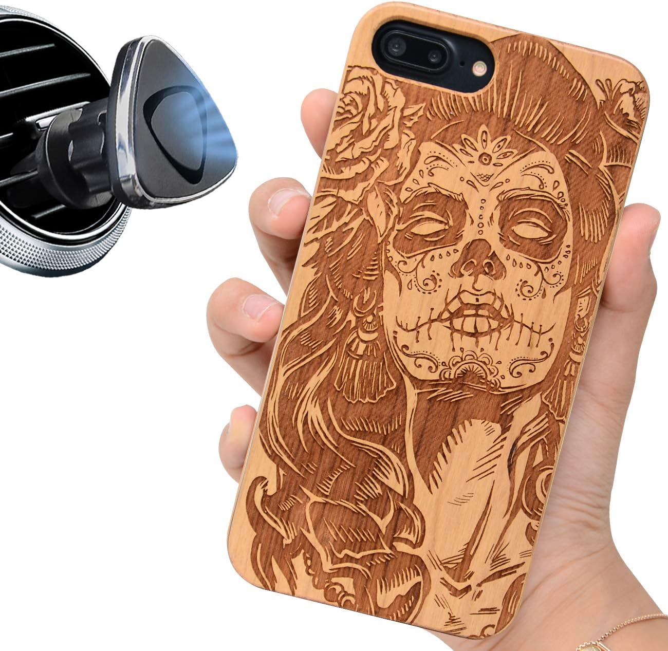 iProductsUS Skull Phone Case Compatible with iPhone SE (2020),iPhone 8,7,6/6S and Magnetic Mount, Wood Cases Engraved Skull Girl (Day of The Dead),Built-in Metal Plate,TPU Shockproof Cover (4.7 inch)
