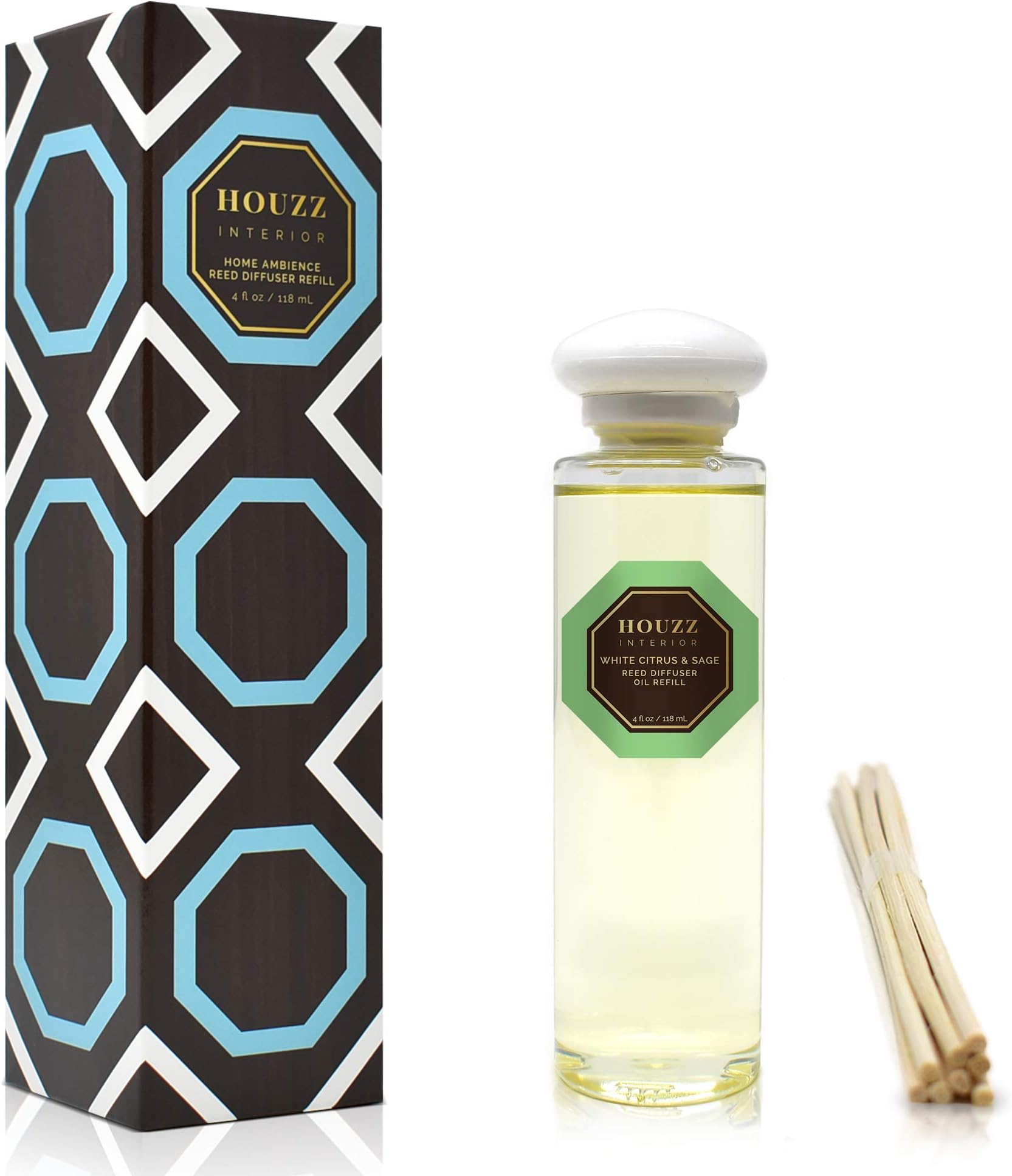 White Citrus and Sage Reed Diffuser Refill Oil – Reed Sticks Included – Earthy Sage, Energizing Lemon & Bright Lime Fragrance – No Sulfates or Parabens – Made in The USA