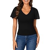 Rooscier Womens Tight Fitted Blouses V Neck Short Sleeve Basic Dressy Top
