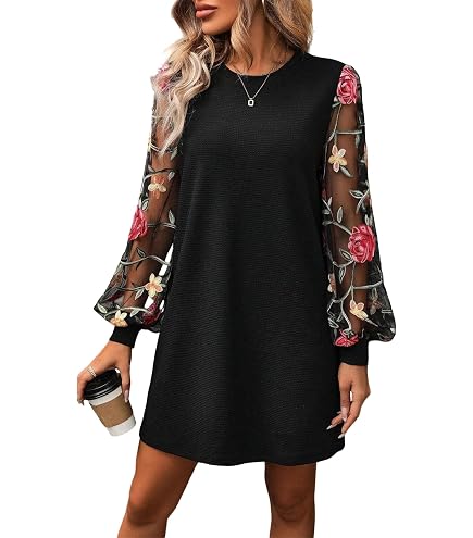 MakeMeChic Women's Fall Long Sleeve Floral Sheer Dress Wedding Guest Mesh Crew Neck Lace Black Mini Dresses Blue X-Large at Amazon Women's Clothing store