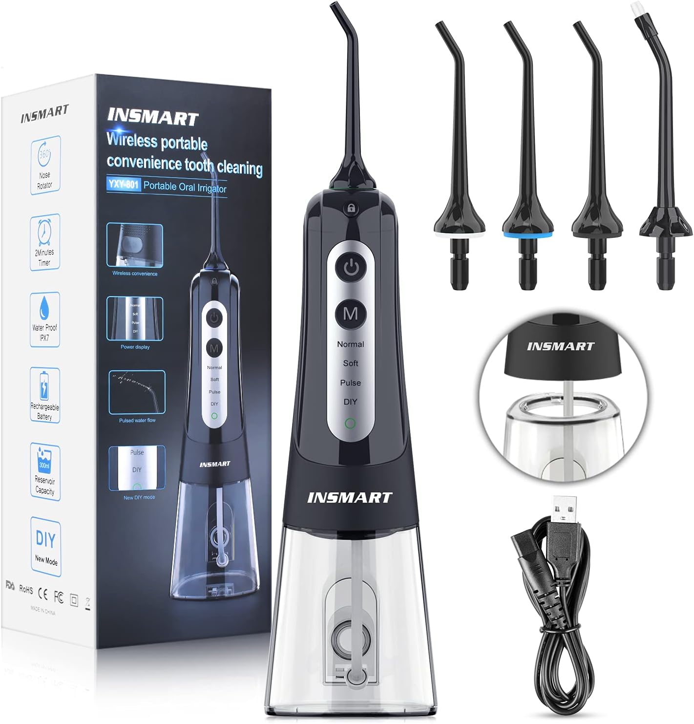Cordless Water Flosser Teeth Cleaner, INSMART Professional 300ML Tank DIY Mode USB Rechargable Dental Oral Irrigator for Home and Travel, IPX7 Waterproof 3 Modes Water Flosser for Oral Care: Health & Personal Care