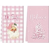 Christmas Kitchen Towels Pink Buffalo Plaid Santa Tree 18x26 Inch Set of 2 Dish Towels Hand Towels Kitchen Bathroom Seasonal Home Decoration