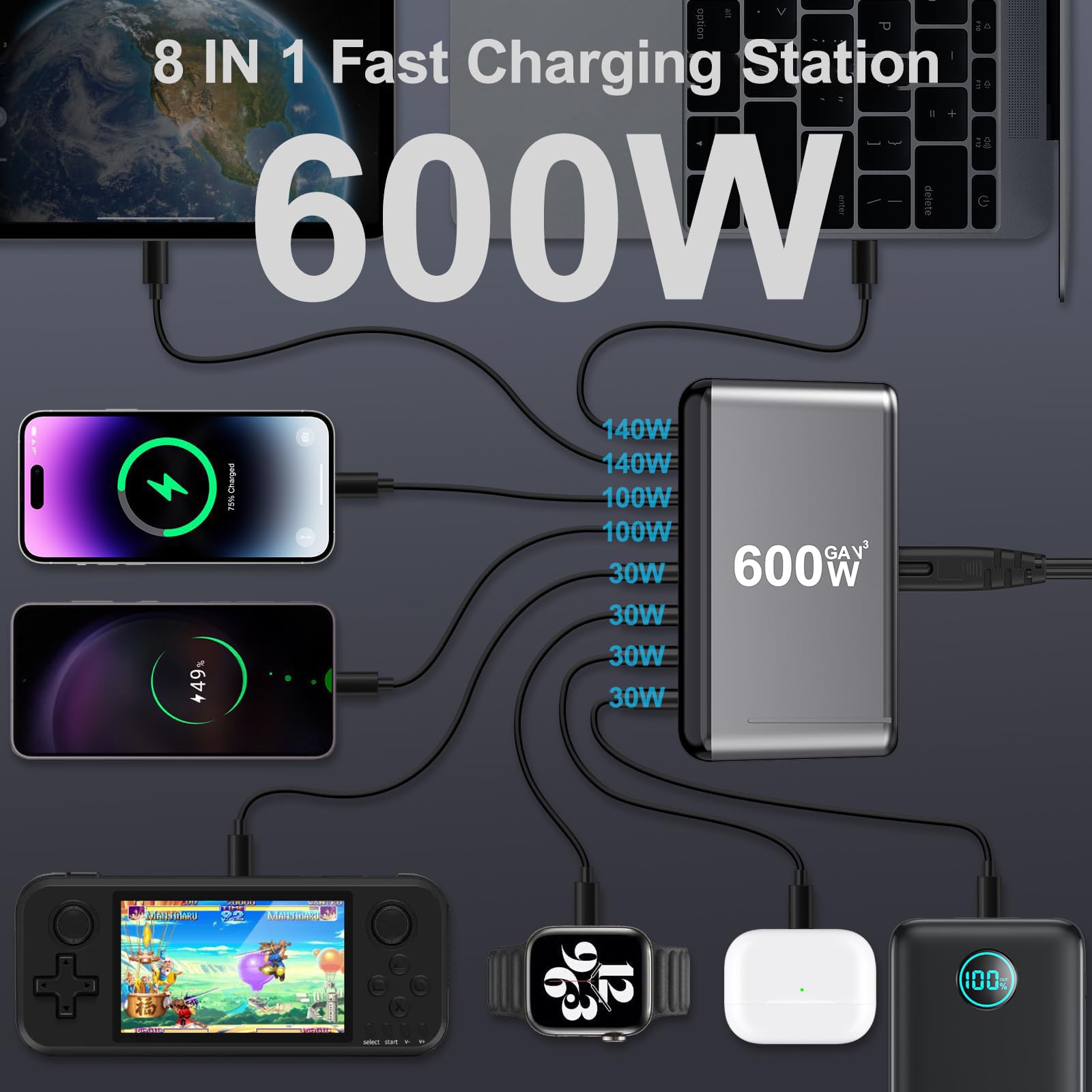 USB C Charger Block 600W 8 Port Ladegerät PD 140W Netzteil GaN Fast Charging Station Hub Type C Charger Adapter for iPad Pro, iPhone 17 MacBook Air Samsung Galaxy S26 Pixel Dell Android Laptop 5