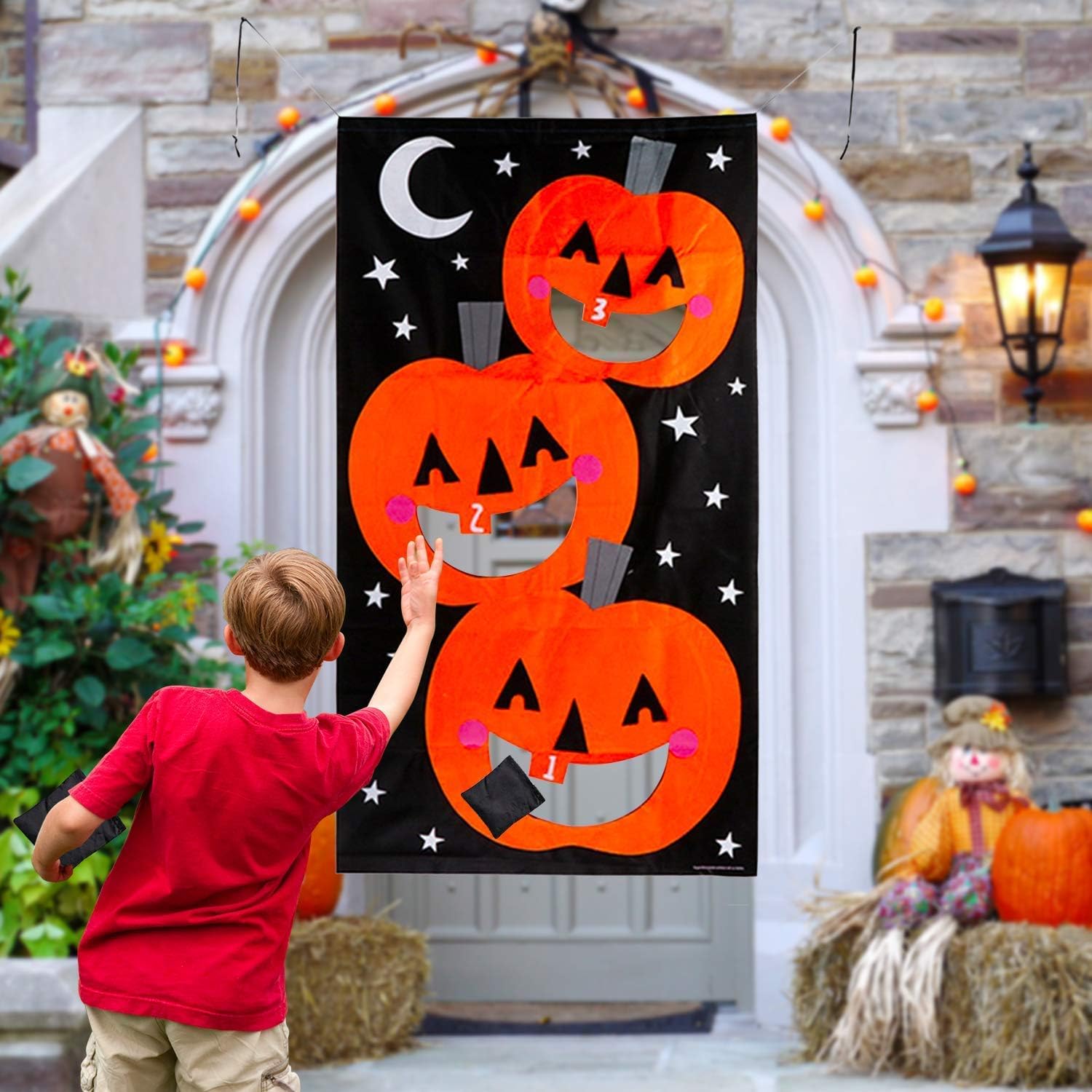 Halloween Pumpkin Bean Bag Toss Games, Non-Woven Hanging Banner Halloween Party Supplies Outdoor Indoor Activities Decorations with 3 Bean Bags （B Style）