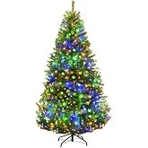 Goplus 6ft Pre-Lit Artificial Christmas Tree with 350 Lights, 11 Light-Mode | Hinged Xmas Full Tree with 1000 PVC Branch, Warm White &amp; Multicolored LED Lights, Metal Base, Decoration Tree for Home