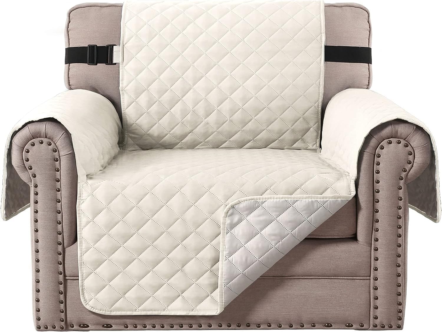 Photo 1 of H.VERSAILTEX Chair Slipcover Reversible Chair Cover Water Resistant Couch Cover Washable Chair Cover Non-Slip Fabric Furniture Protector with Elastic Strap for Pets(Armchair, Ivory/Beige)