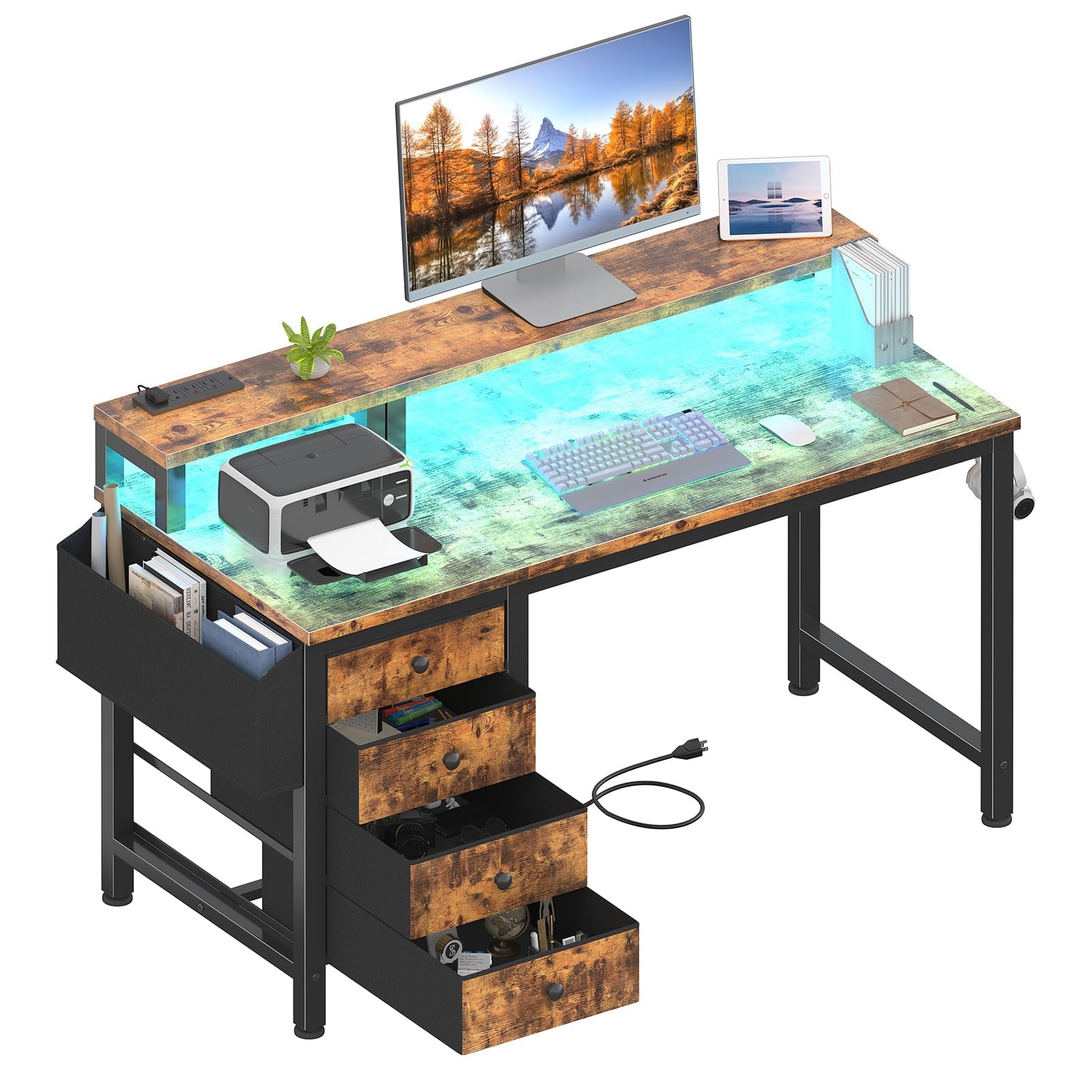 Photo 1 of Lufeiya Reversible Gaming Desk with LED Lights and Power Outlets, 47 inch Home Office Desk with Monitor Stand, Computer Desk with Fabric Drawers, Rustic Brown