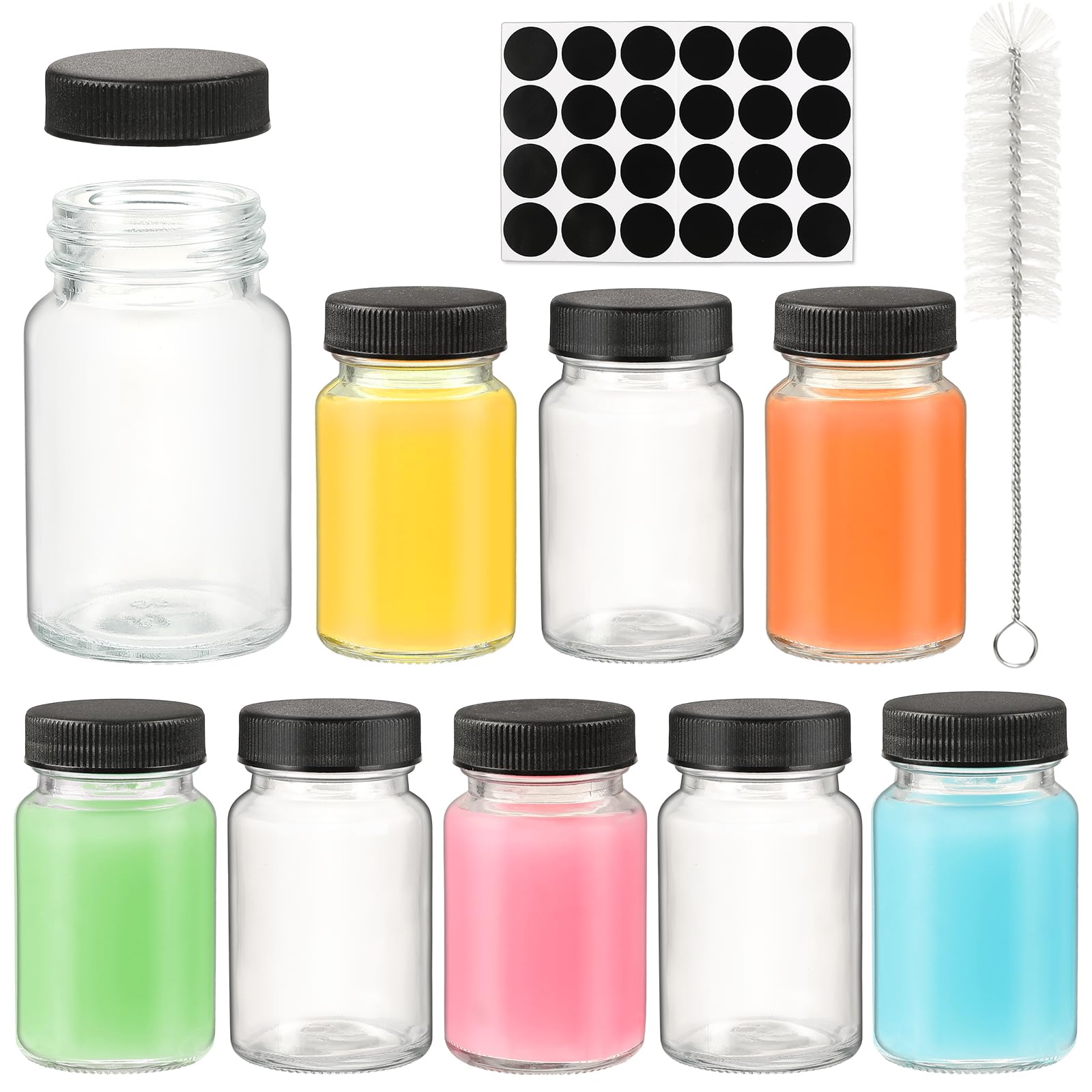 Photo 1 of 2 oz Glass Shot Bottles Black Lids & 24 Labels And Brush-Small Clear Jar for Ginger,Juice, Sample, Whiskey-Travel Essentials Mini Bottles-Wide Mouth, Leakproof,Wellness Shot,Dishwasher Safe (9)