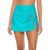 ALove Womens High Waisted Split Swim Skirt Sporty Drawstring Skirted Swim Bottom with Built-in Panty