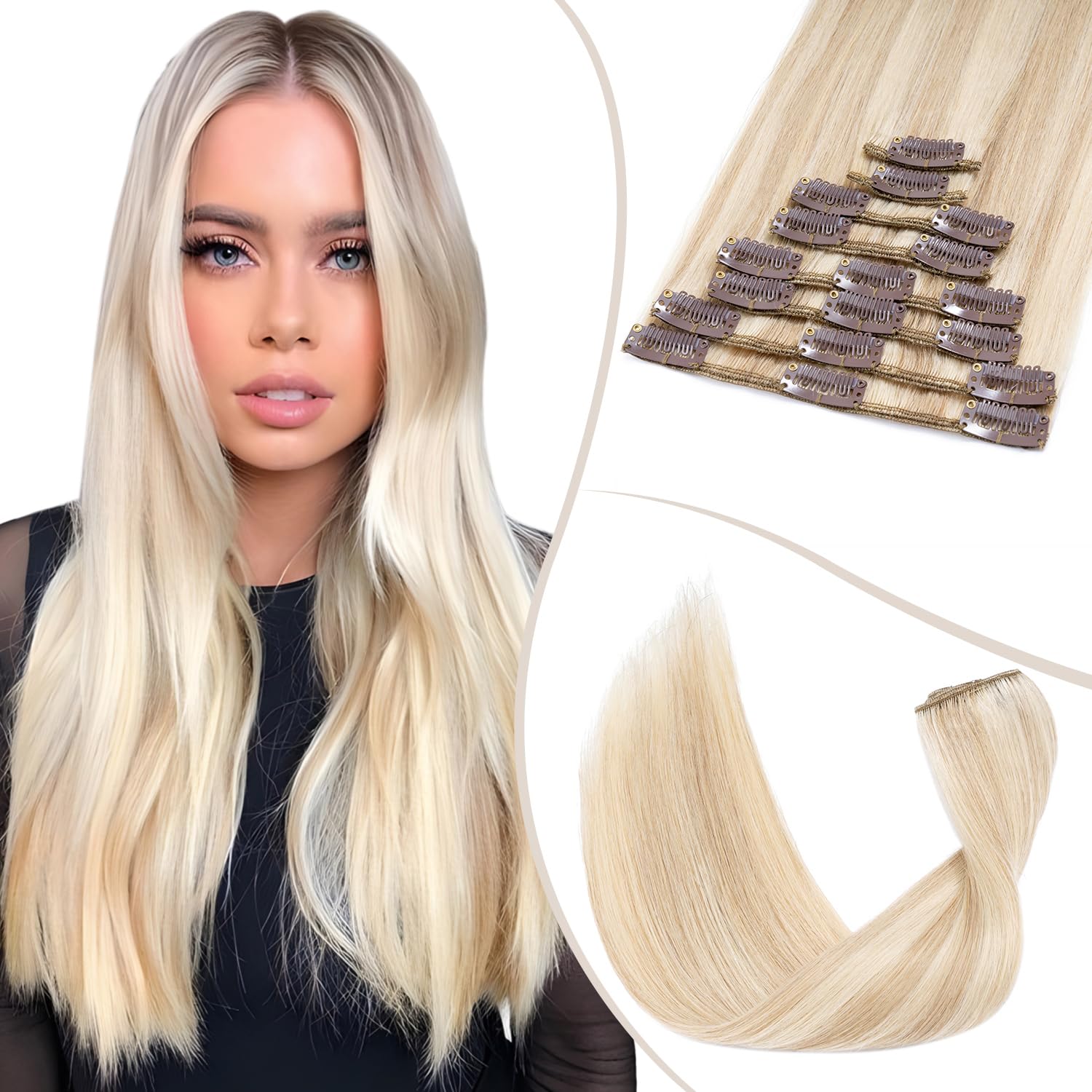 TESS Clip in Hair Extensions Real Human Hair Highlighted Remy Seamless 8 Pieces Straight for Women/Girls (#18P613 Ash Blonde & Bleach Blonde, 16 Inch 65g) — image 1