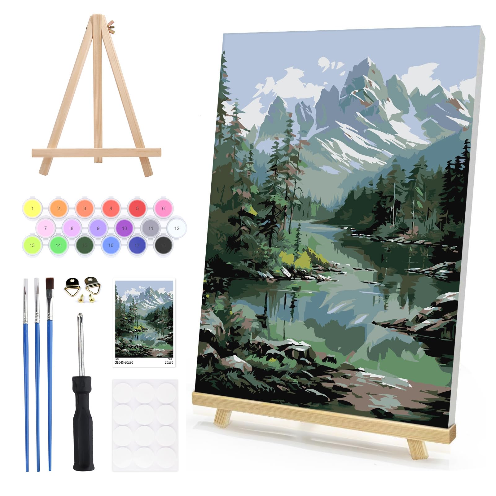 DAERLE Paint by Numbers for Adults Framed with Wooden Easel, Natural Landscape, Paint by Number Kits with Brushes, Serene Mountain, Oil Painting Canvas Kits for Home Wall Decor 8X12 Inch