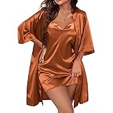 Ekouaer Women's Satin Robe Set Nightgown with Robes Silk Pajama Set 2 Pieces Lingerie Cowl Neck Cami Sleepwear Sets
