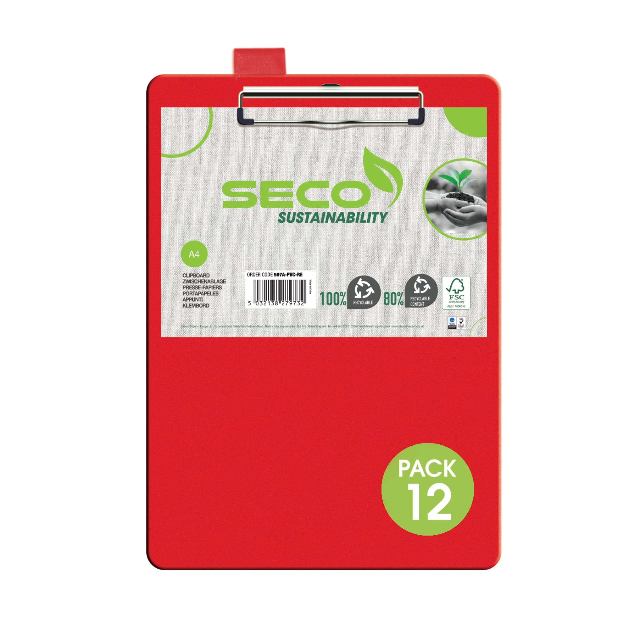 SECO A4 PVC Covered Clipboard with Heavy Duty Clip - Red - Pack of 12