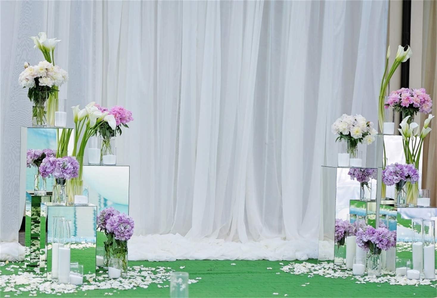 Laeacco Graceful Wedding Cerebration Photo Booth Backdrop 10x8ft Vinyl Indoor Purple Flowers Tulips Mirror Stands White Curtain Background Wedding Ceremony Shoot Bridal Shower Bride Groom Shoot