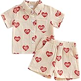 HYADRBLEBY Toddler Baby Boy Valentines Day Outfit Heart Truck Print Lapel Shirt Shorts Little Boys Linen Holiday Clothes
