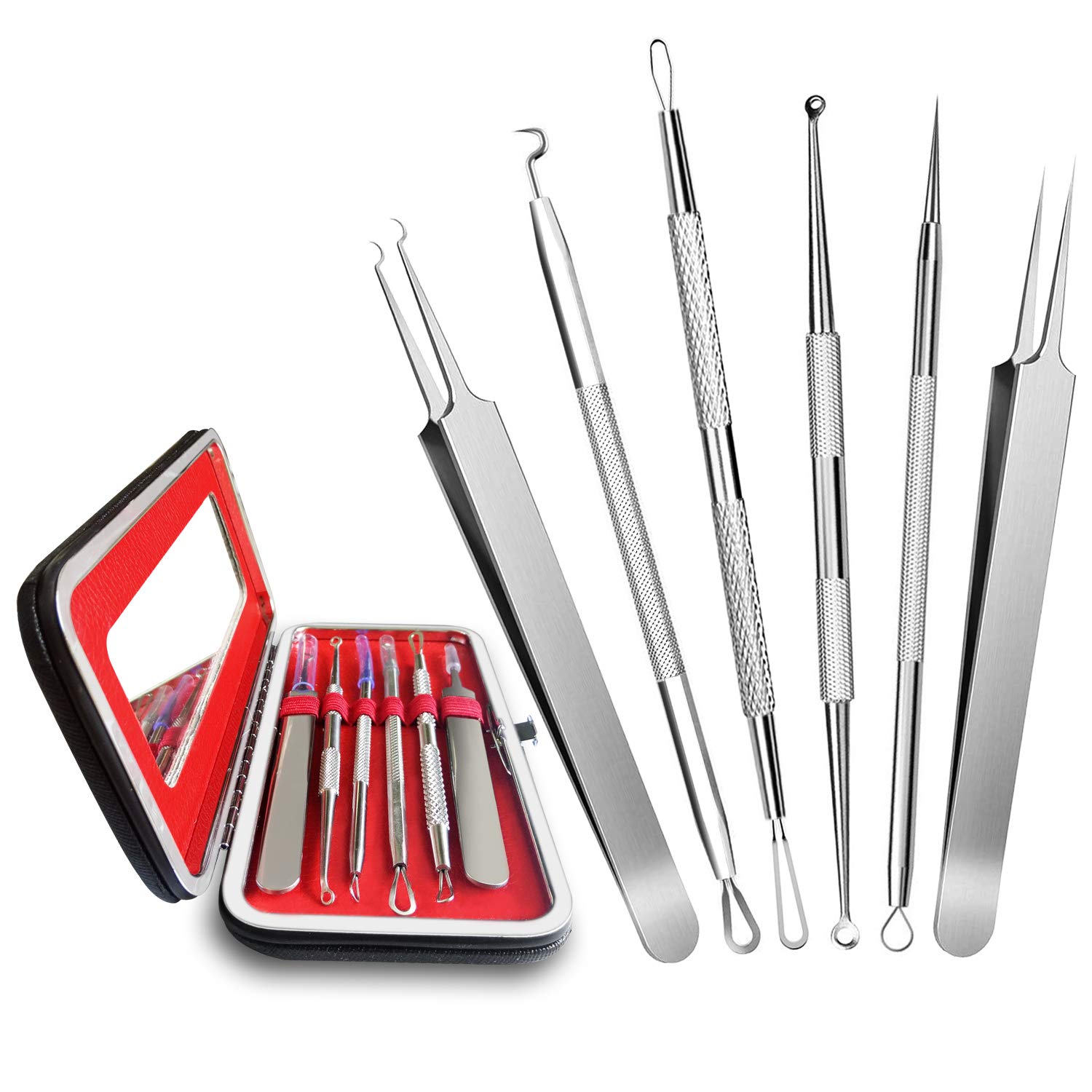 LUBEAU Blackhead Remover Tool Pimple Popper Acne Pimple Comedone Extractor Spot Remover Tool for Whitehead Blemish Zit, Facial Care Skin Protect with Leather Case and Mirror (6 pcs)