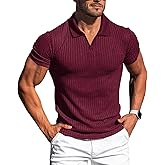Collared Muscle Shirts for Men Ribbed Knit Slim Fit Polo Shirts Short Sleeve, Mens V Neck T Shirts Casual Stylish