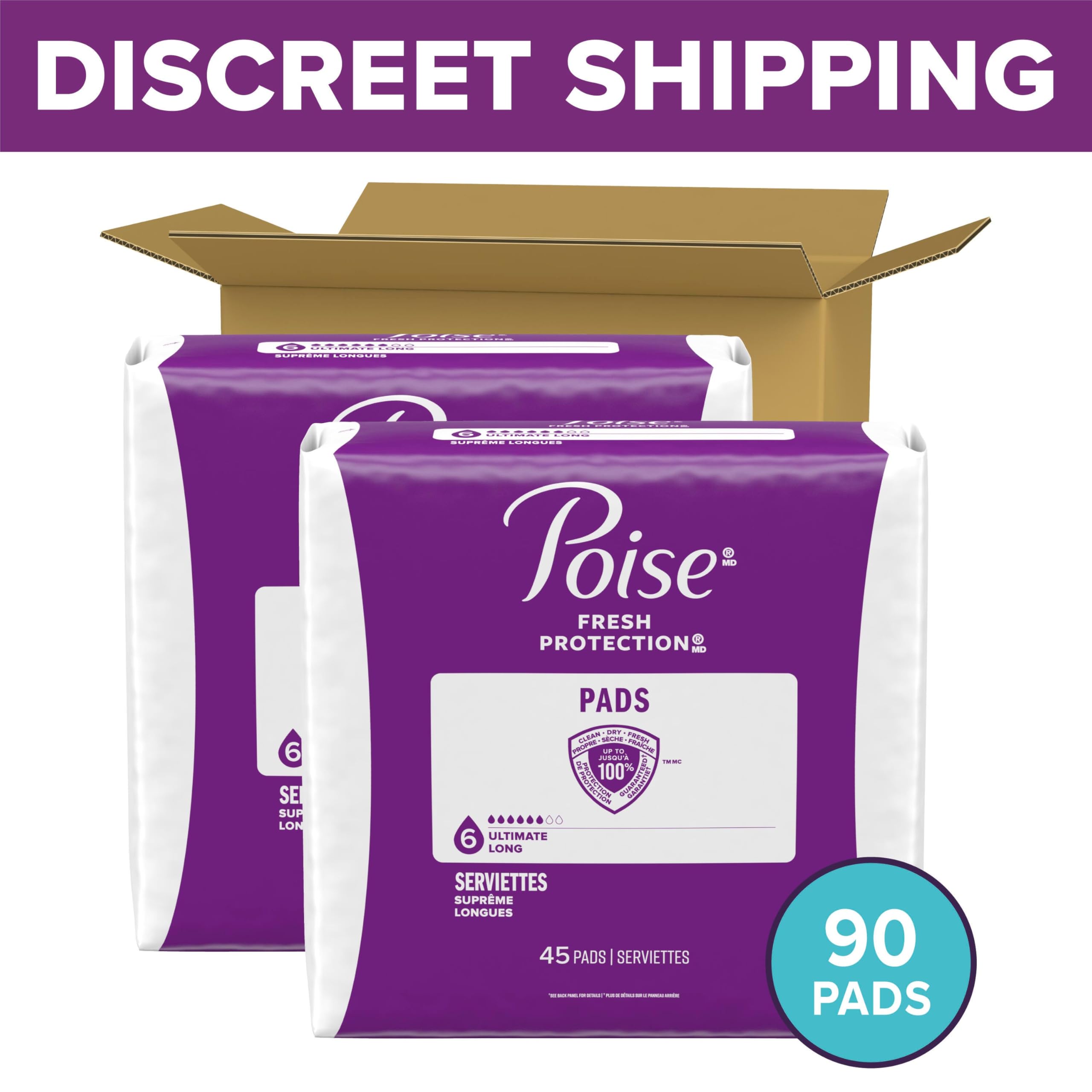 Poise Incontinence & Postpartum Pads for Bladder Leaks, 6 Drop Ultimate Absorbency, Long Length, 90 Count, Packaging May Vary
