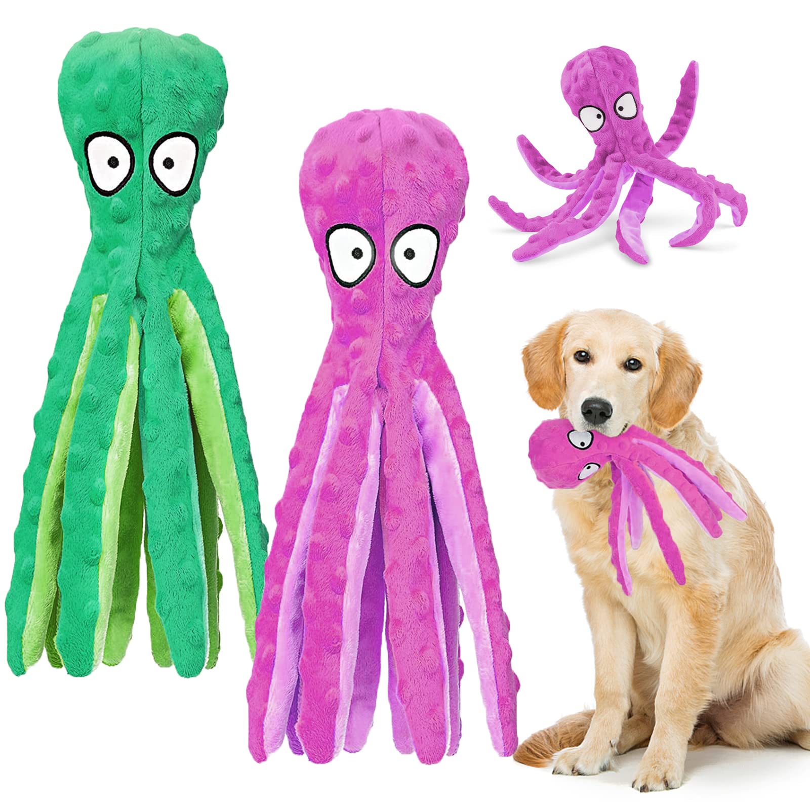 WanderGo 2 PCS Squeaky Dog Toys, Octopus Dog Toy with Crinkle Paper Plush Dog Teeth Cleaning Durable Dog Toys for Large Dogs Medium Dogs Playing(Purple+Green)