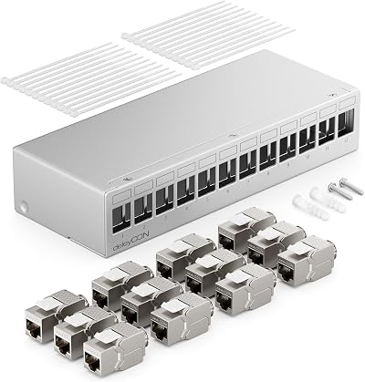 deleyCON 12 Port Patch Panel 1HE Grey STP CAT6a Keystone Modules Network Cable