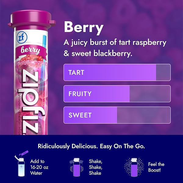ZIPFIZZ DAILY ENERGY DRINK POWDER, BERRY, 20 PACK | 3-IN-1 SUSTAINED ENERGY, RAPID HYDRATION, AND ESSENTIAL VITAMINS | SUGAR-FREE | ELECTROLYTE POWDER | CONTAINS VITAMIN B-12 & ANTIOXIDANTS