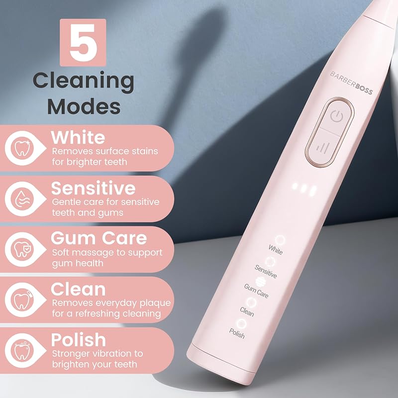 Spazzolino elettrico sonico per adulti, spazzolino ricaricabile rosa con base di ricarica USB, 5 modalità di pulizia × 3 intensità, timer intelligente da 2 minuti, 6 testine, QR-7303