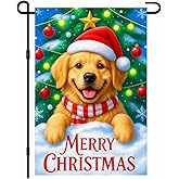 IVN Christmas Golden Retriever Dog Santa Garden Flag 12x18 Inch Double Sided Winter Christmas Decorations Joy Snow Tree Hat Outdoor Dog Yard Flag for Outside Xmas Home Front Door Lawn Porch Patio Welcome Decor