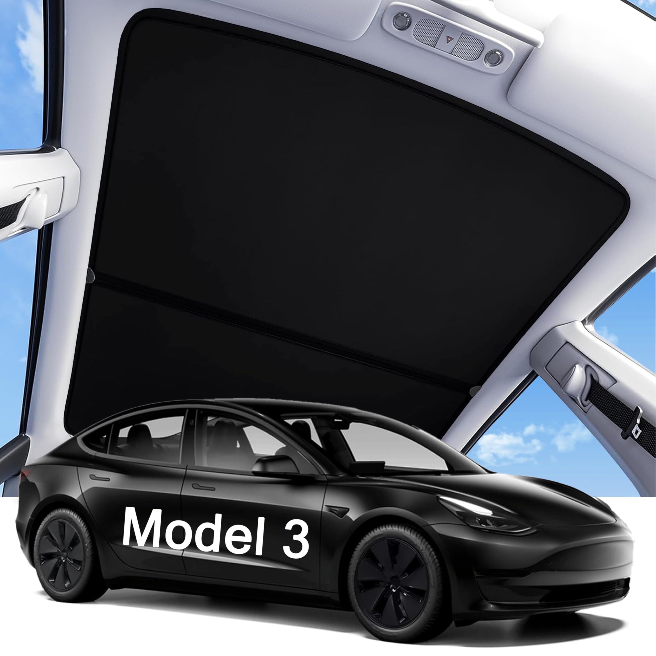Photo 1 of 2025 Upgraded Tesla Model 3 Sunshade Roof, UPF200+ Roof Sunshade with Storage Bag, No-Sag & No-Gaps Heat Insulation Foldable Top Windows Windshield Sun Shade, Tesla Model 3 Accessories MY20-23 Black