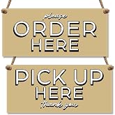Tan &amp; White Order Here Pick Up Here Signs, 11x5 Hanging Order Here Sign | Vintage Pick Up Here Sign for Restaurant Bar, Premium Food Truck Pickup Signs, Diner Cafe Coffee Shop Market, Made in USA