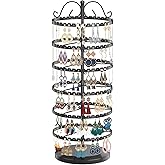 LASZOLA 6 Tier Black Earring Holder Organizer Tree Women Display Storage for Stud and Hoop, Large Cool Rotating Clip Stand for Pierced and Dangle Earring, Vertical Metal Tower Carousel with 480 Holes