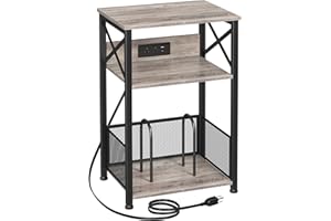 AMHANCIBLE Record Player Stand with Charging Station, Turntable Stand with Storage Cabinet, 3 Tier End Table Hold Up to 100 Albums, Record Stand for Vinyl, Living Room, Greige, HETCD01GY-1